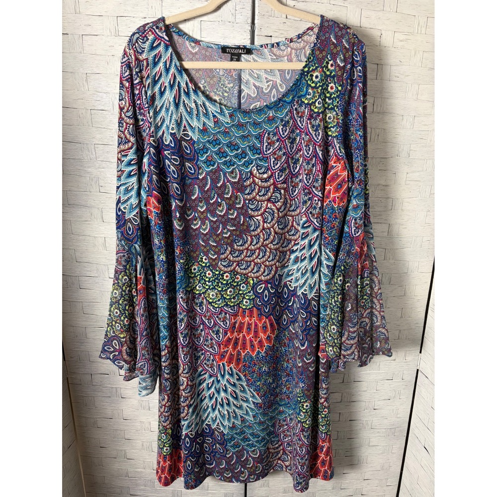 Roz & Ali Women's Dress Peacock Paisley Bell Sleeve colorful Feminine Plus Size
